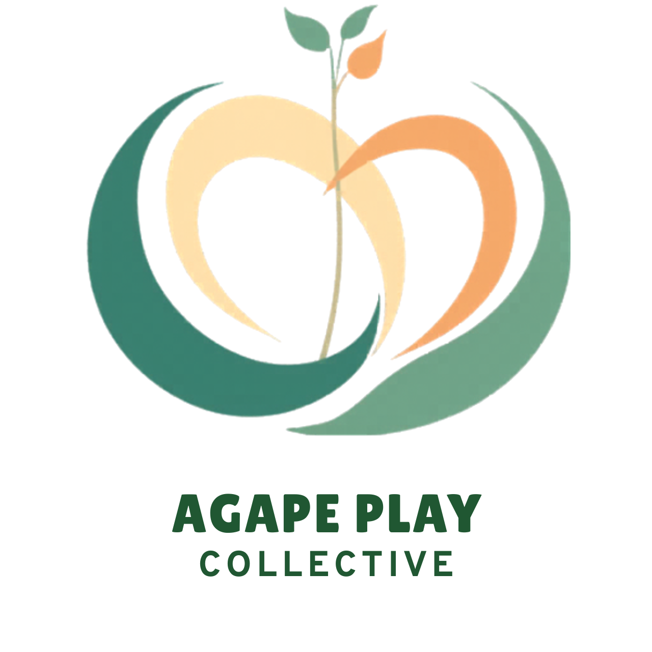 Agape Play Collective logo with a sprouting seedling and curved green and orange forms